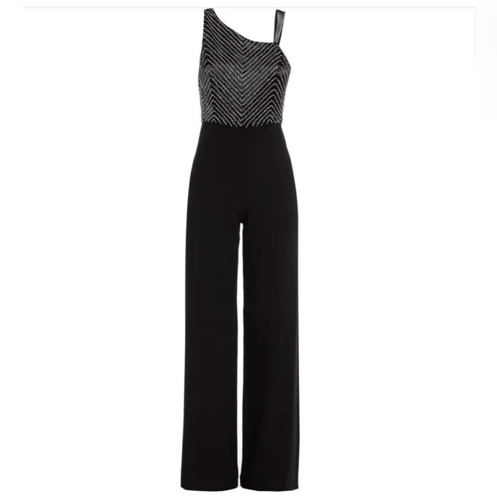 Alice + Olivia | Lina Leather Trimmed Embellished Wide Leg Jumpsuit | 6